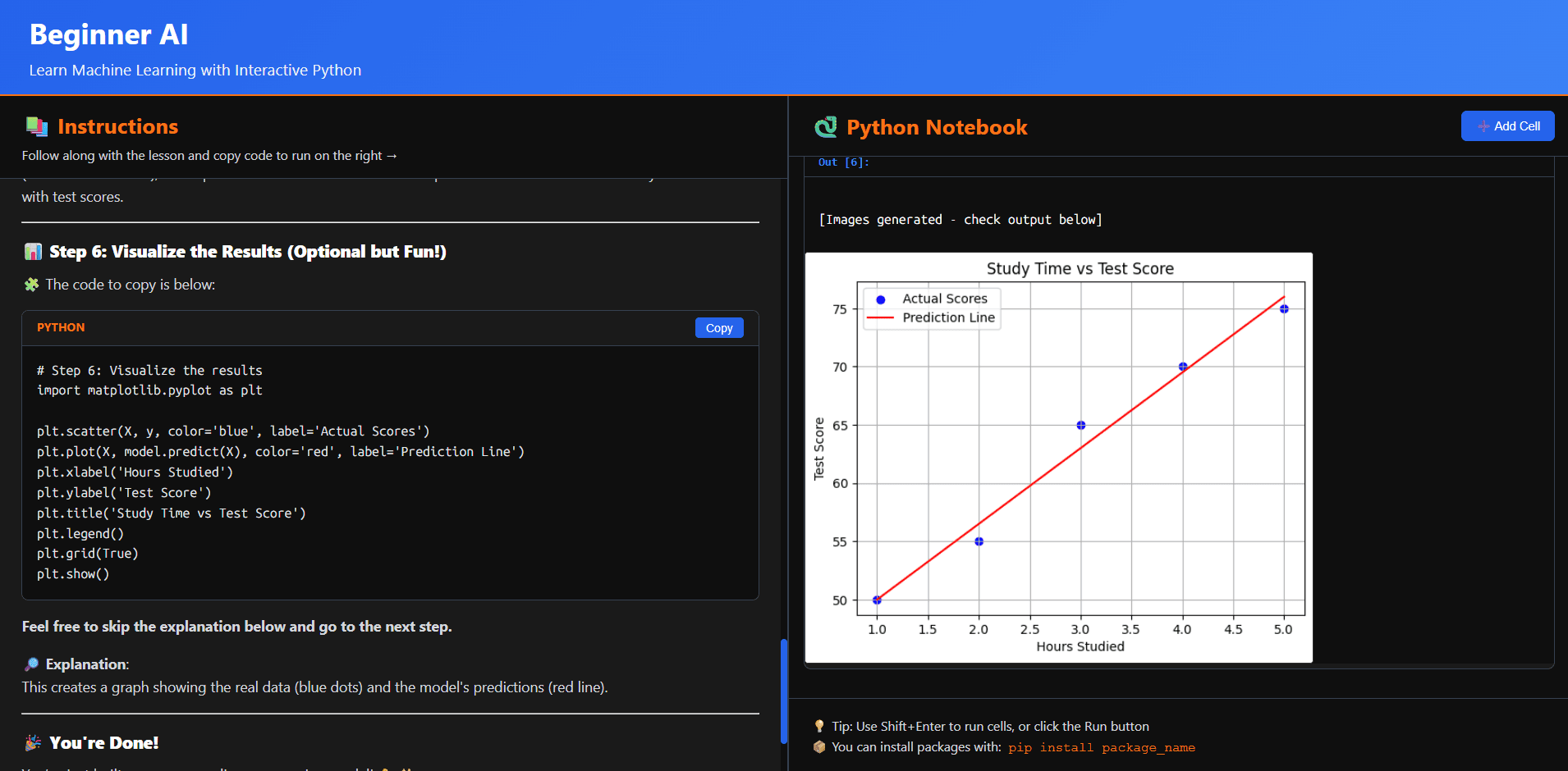Beginner AI - Interactive Learning Interface showing instructions on the left and Python notebook on the right